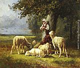 A Shepherdess With Her Flock In A Woodland Clearing by Charles Emile Jacque